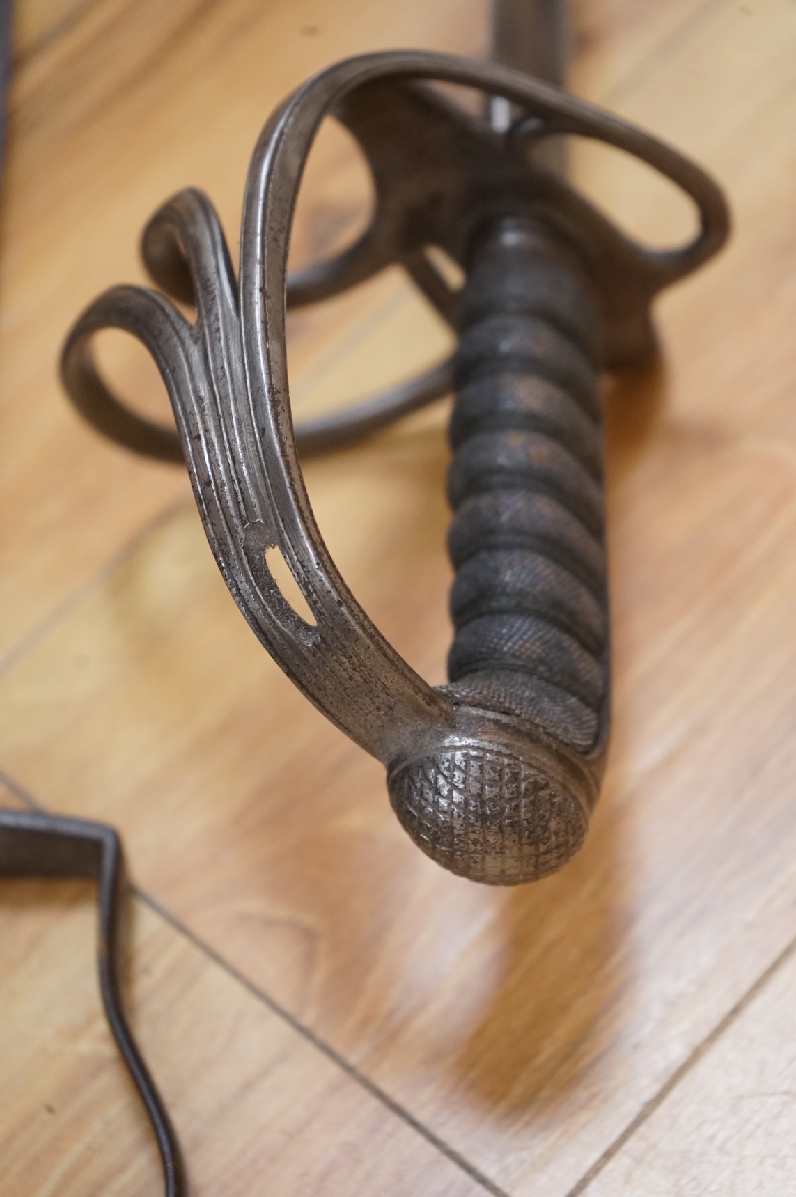A 1796 pattern cavalry officer’s sword, blade etched J. Runkel, Solingen, regulation blade, in fair condition, grip wormed, together with an 1822 pattern sword blade, etched; Honourable Horse Artillery Company, moderatel